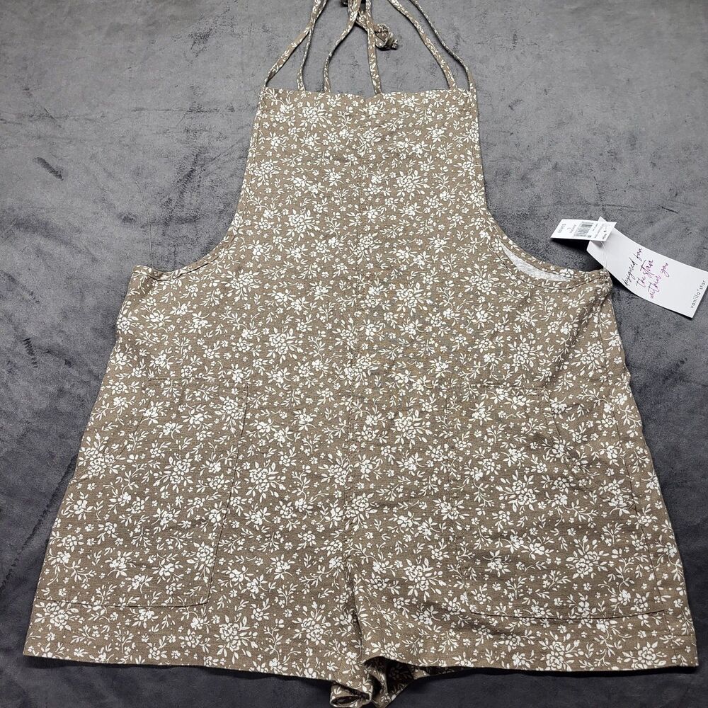Vanilla Star Women’s Romper Linen Blend Tan  Size L Adjustable Straps Boho
